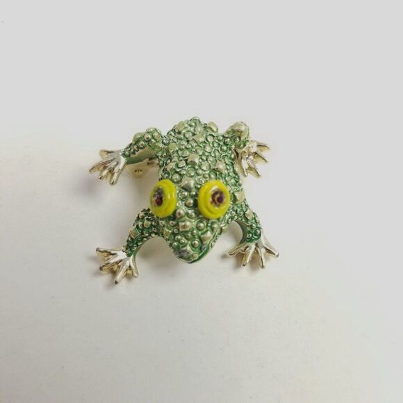 Vintage Little Green Frog Brooch, Red Rhinestone Eyes, Bumpy Texture, Estate - Picture 6 of 6